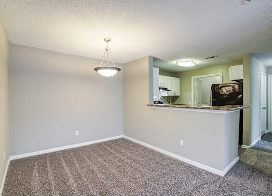 A room with a carpeted floor and a mirror on the wall.