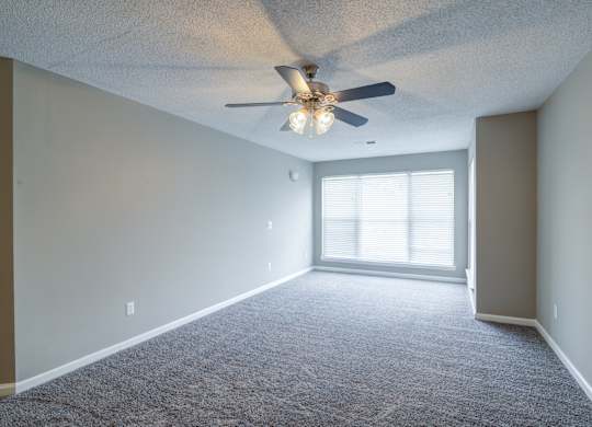 A room with a ceiling fan and carpeted floor.