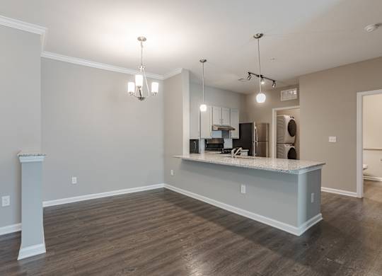 A kitchen area with a counter and cabinets.