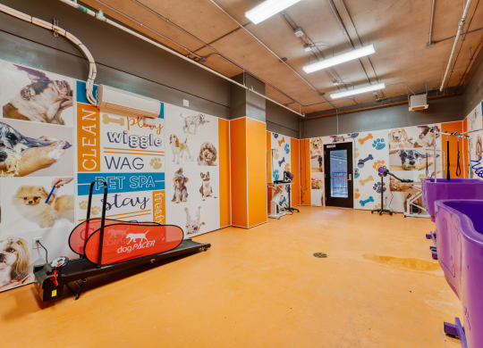 a large room with a large wall mural and a skateboard on the floor