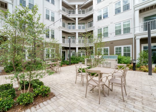 a patio with a table and chairs in a courtyard