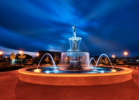 a fountain in a park at night