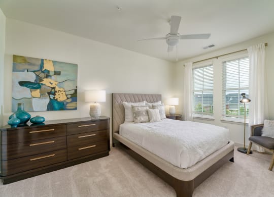 a bedroom with a bed and a dresser and a ceiling fan