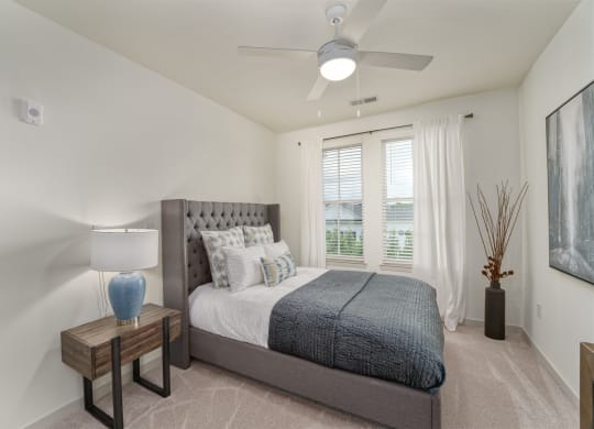 a bedroom with a bed and a ceiling fan