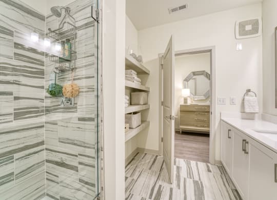 a bathroom with a shower and a sink and a mirror