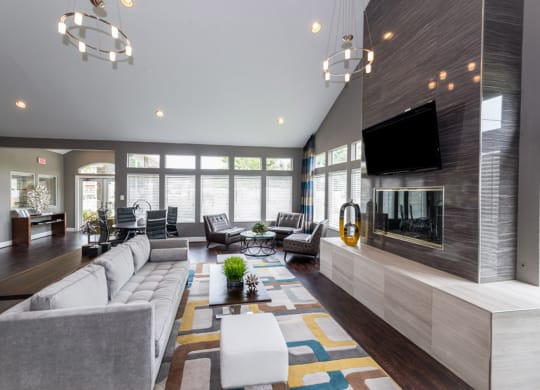 a large living room with a large fireplace and a large tv on the wall at Misty Ridge Apartments, Woodbridge Virginia