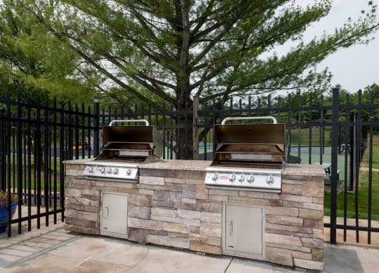 an outdoor kitchen with a grill and a tree in the background at Misty Ridge Apartments, Woodbridge