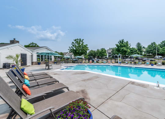 a swimming pool with lounge chairs and umbrellas at Misty Ridge Apartments, Virginia