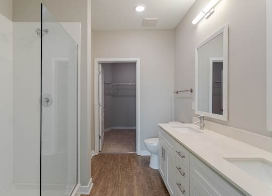 A bathroom with a walk-in shower, toilet, and sink.