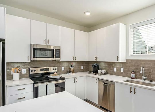 a kitchen with white cabinets and stainless steel appliances at Canopy at Ginter Park Apartments in Richmond, VA