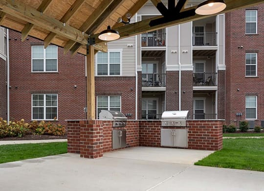 a patio with a grill and barbecue in front of an apartment building at Canopy at Ginter Park Apartments in Richmond, Virginia 23227