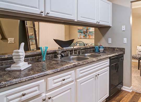 A kitchen with white cabinets and a black refrigerator at Austin Chase Apartments, Georgia 31210