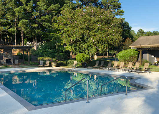 A large outdoor swimming pool surrounded by trees at Austin Chase Apartments, Macon, Georgia