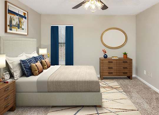 A bedroom with a bed, dresser, and ceiling fan.