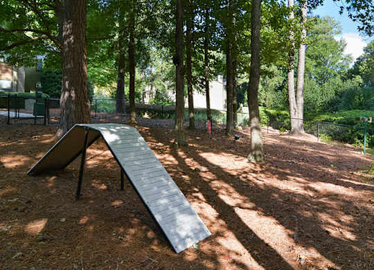 A playground slide in a park with trees in the background.