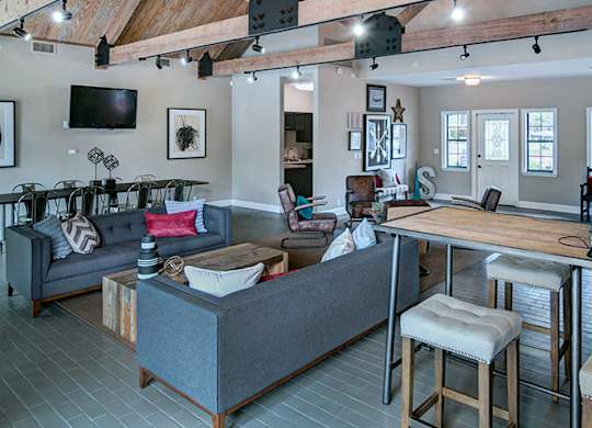 A modern living room with a grey couch and a wooden coffee table.