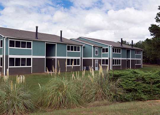 A row of houses with green roofs and white windows.