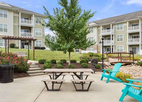 Outdoor picnic area with seating and landscaping at Colony at Centerpointe Apartments, Midlothian, 23114