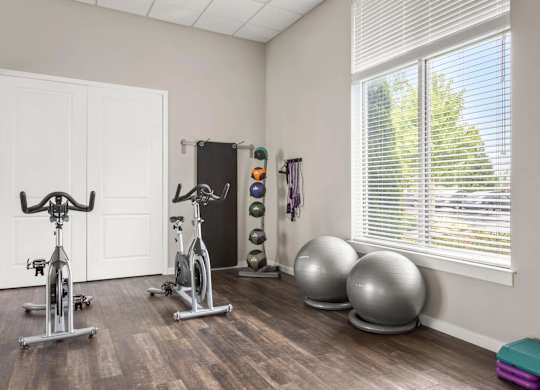Fitness studio with exercise bikes and stability balls at Colony at Centerpointe Apartments, Midlothian