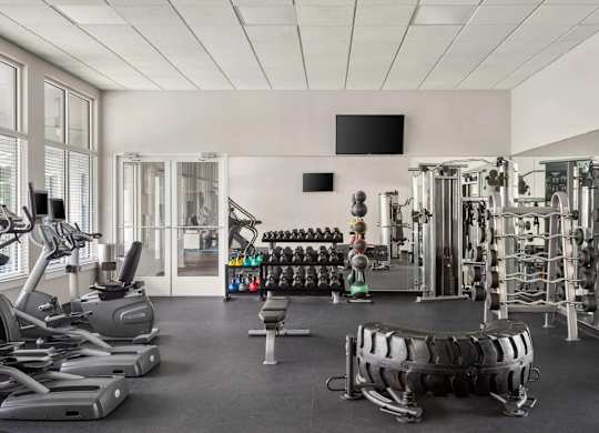 Fitness center with cardio and weight equipment at Colony at Centerpointe Apartments, Virginia