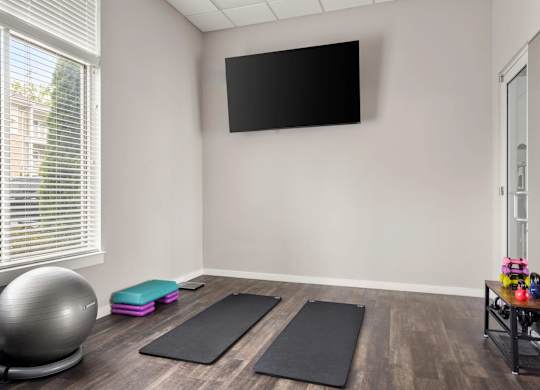 Fitness studio with exercise mats and equipment at Colony at Centerpointe Apartments, Virginia, 23114