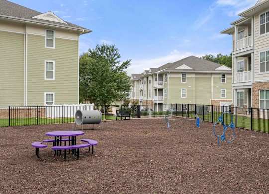 Community playground with climbing equipment and picnic table at Colony at Centerpointe Apartments, Midlothian, VA 23114