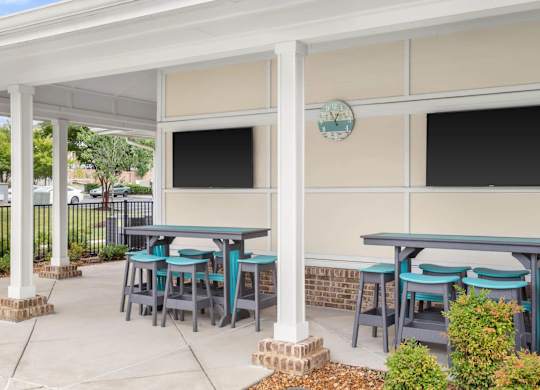 Covered outdoor dining area with wall mounted tvs at Colony at Centerpointe Apartments, Midlothian