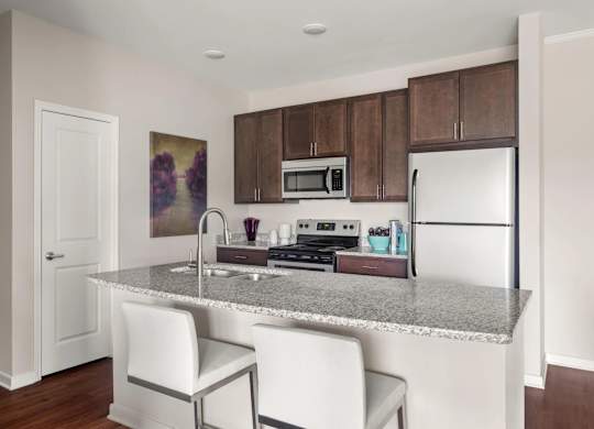 Modern kitchen with island seating and granite countertops at Colony at Centerpointe Apartments, Midlothian, 23114