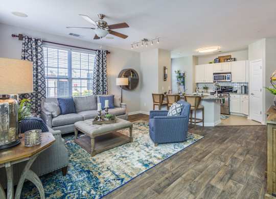 A living room with a grey couch and a blue armchair.