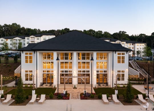 lit up clubhouse at The Quincy Apartments, Acworth, GA