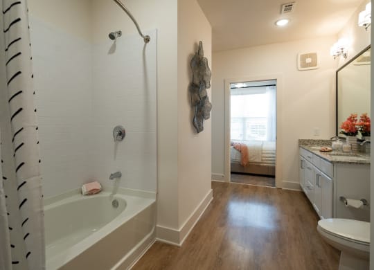 a bathroom with a tub and a sink and a toilet at The Quincy Apartments, Acworth, GA