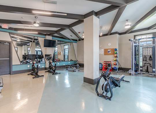 A gym with a variety of exercise equipment including treadmills, stationary bikes, and weight machines.