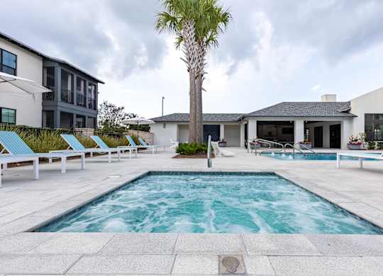 A pool surrounded by lounge chairs and a palm tree.