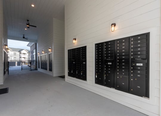 the mail room is equipped with a large array of lockers at Retreat at Arden Farms, Arden, 28704