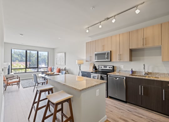 a kitchen and living room in a 555 waverly unit at Rivergate, Woodbridge, VA, 22191