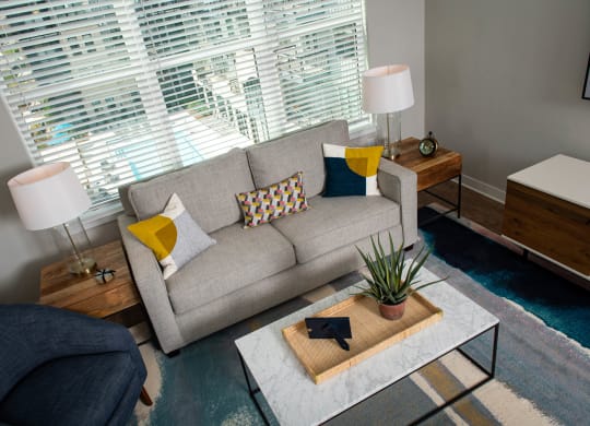 a living room with a couch and a coffee table at One Riverside Apartments, Chattanooga, TN, 37403