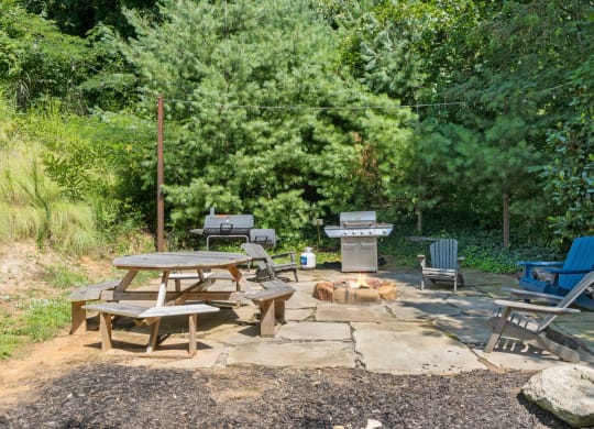 a patio with tables and chairs and a dog laying on the ground at Skyloft, Asheville, 28803