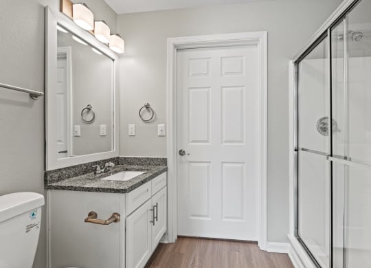 a bathroom with a sink and a shower at SomerHill Farms Apartments, Virginia , 20155