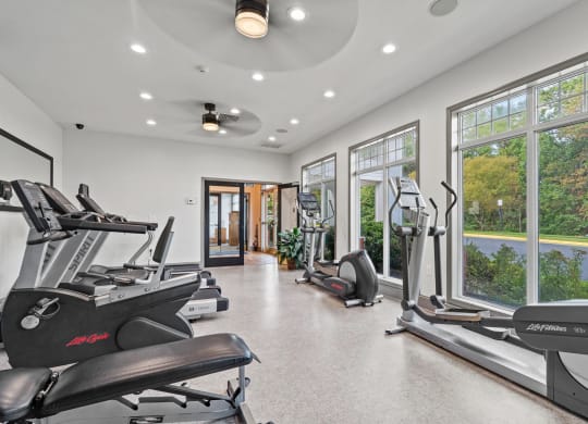the gym has plenty of cardio equipment and large windows at SomerHill Farms Apartments, Gainesville, VA