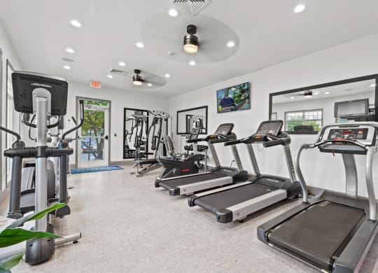 the gym with treadmills and ellipticals at the preserve at great neck apartments at SomerHill Farms Apartments, Gainesville