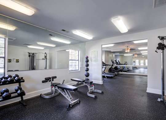 A gym with a variety of equipment including dumbbells, weight plates, and a leg press machine at Southland Station Apartments in Warner Robins, Georgia