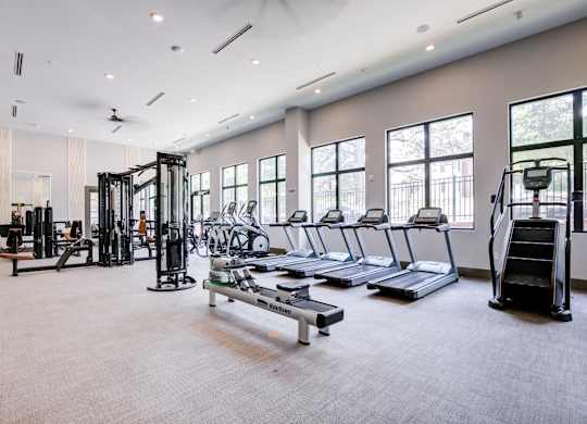 A spacious gym with treadmills, weights, and a fan.