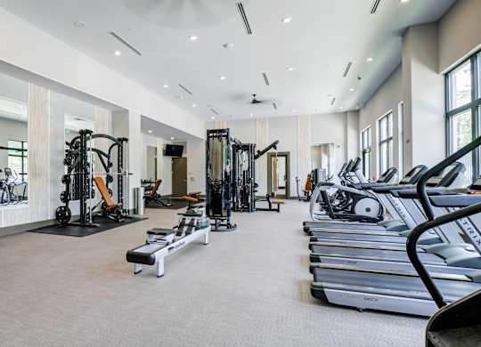 A spacious gym with a variety of equipment including treadmills, weights, and exercise machines.