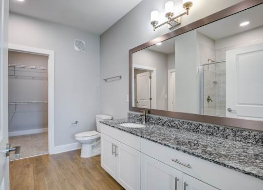 A bathroom with a toilet, sink, and mirror.