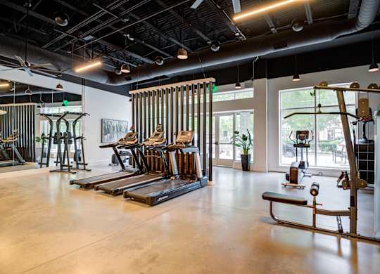 A gym with a variety of equipment including treadmills, weights, and exercise machines.