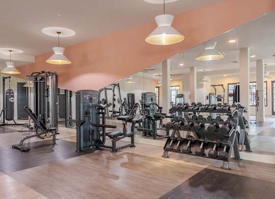 A gym with a variety of equipment including treadmills, weights, and exercise machines.