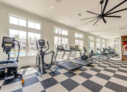 the gym at the landing has plenty of exercise equipment and large windows at Residences at 393 North Apartments, Santa Rosa Beach, FL