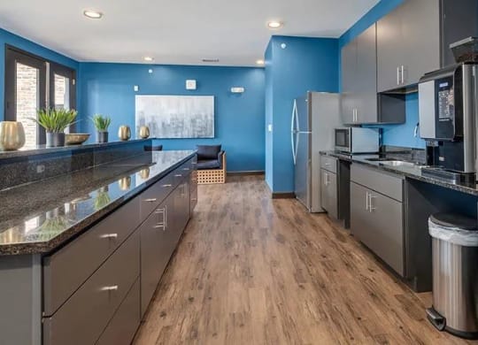 a large kitchen with stainless steel appliances and blue walls at 17 Broad, Chattanooga, TN