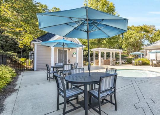 a patio with tables and umbrellas next to a pool at Marina Point, Chattanooga Tennessee