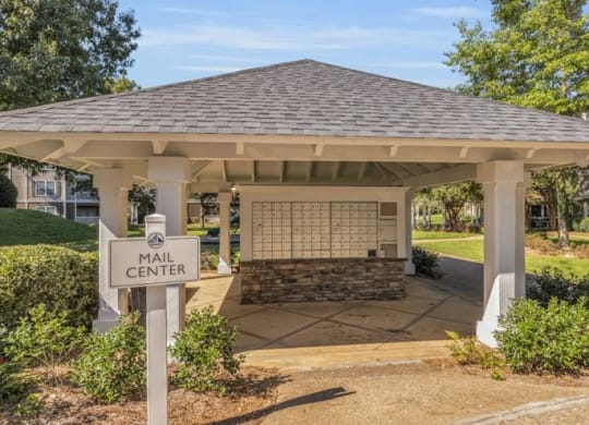 a gazebo with a sign for the mall center at Marina Point, Chattanooga Tennessee